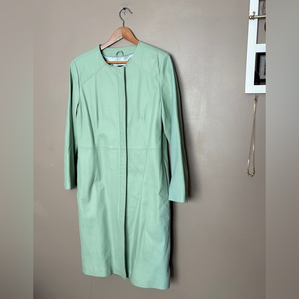 TERRY LEWIS classic luxuries mint green leather trench coat Y2K vintage NWOT M